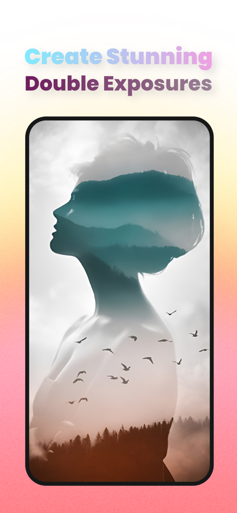 A mobile app screen demonstrating a double exposure effect where a person's silhouette is blended with a mountain landscape and birds