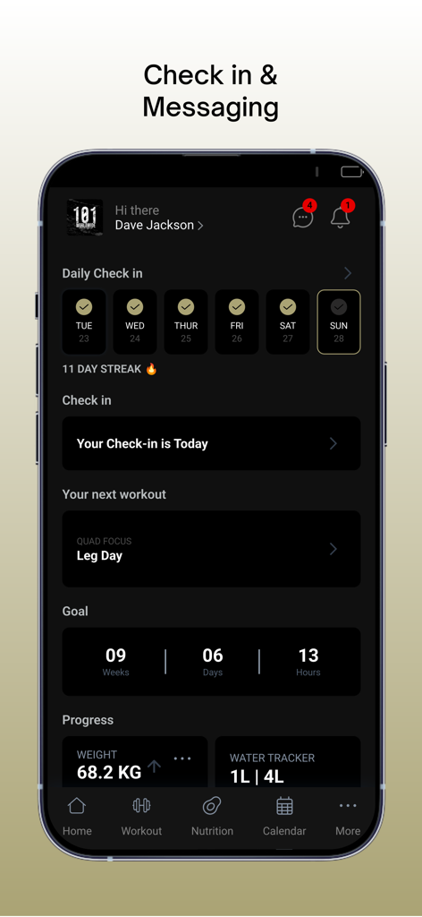 1O1 - 1O1 fitness coaching app dashboard showing daily check in calendar and workout tracking