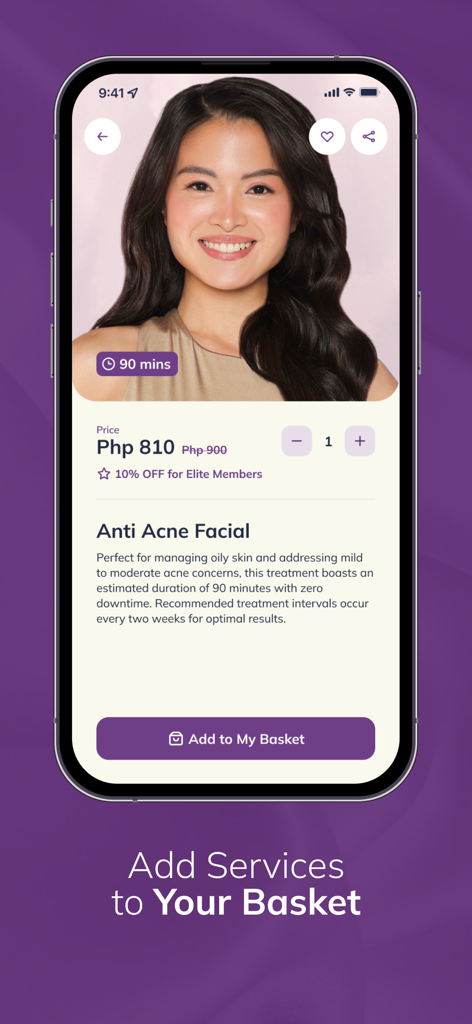 SkinStation Online mobile app screen showing Anti Acne Facial treatment details and price with an add to basket button