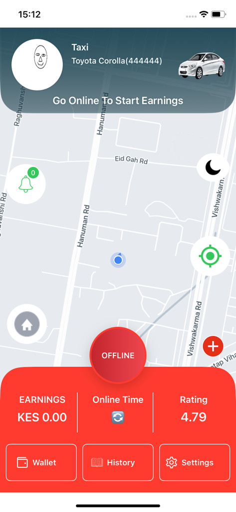 Rapid Ride Partner - Rapid Ride Partner driver dashboard interface showing map and offline status