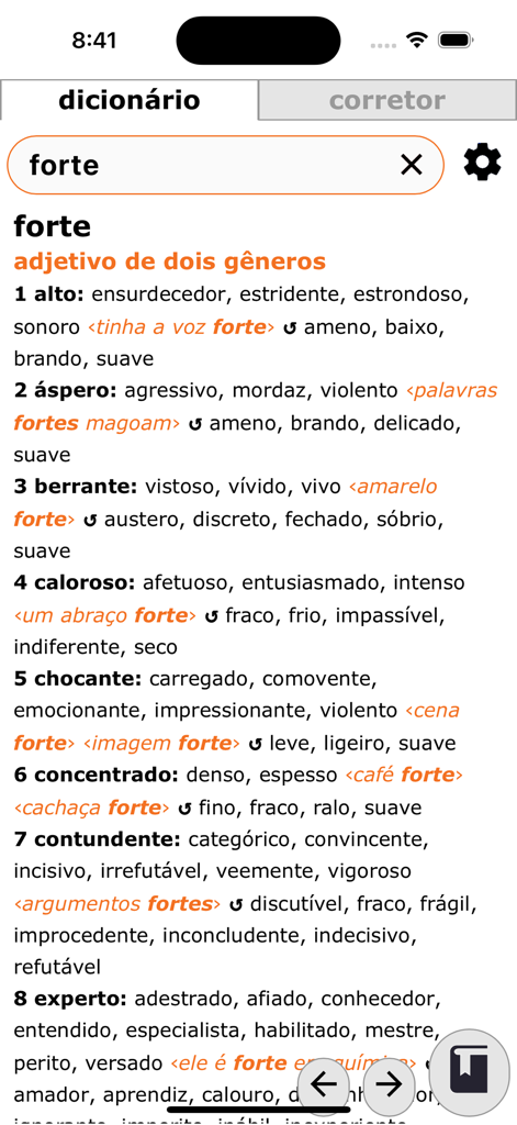 Houaiss.on - Interface of the Houaiss.on app showing the dictionary definition and synonyms for the Portuguese word forte.