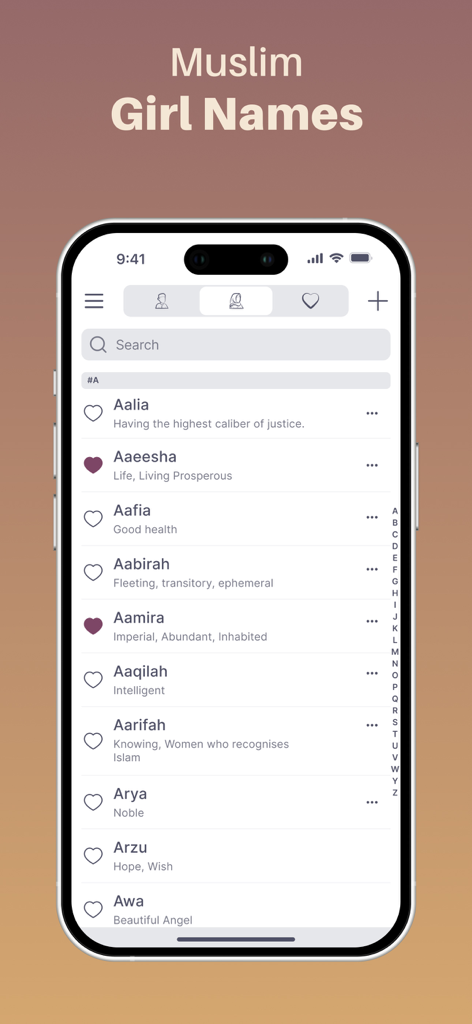 A mobile app interface displaying a list of Muslim girl names and their meanings