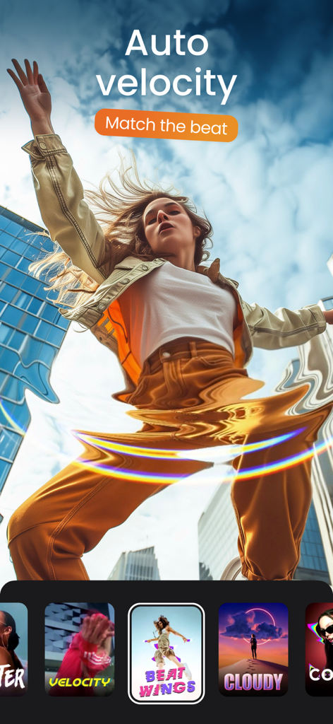 Video Maker & Editor: Dizzi AI - Interfaz de la aplicación Dizzi AI demostrando velocidad automática y sincronización de ritmo para edición de video