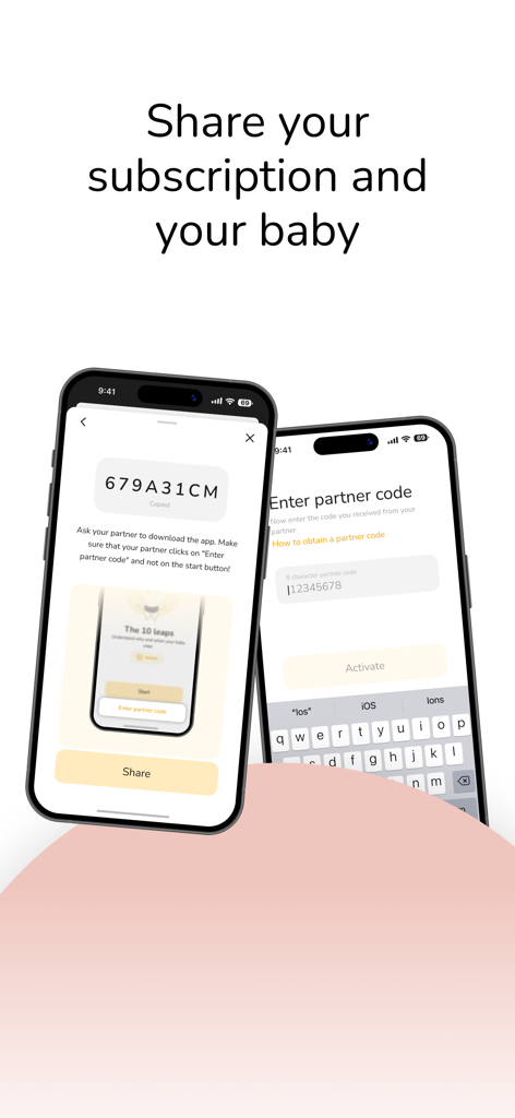 Interface showing how to share a subscription and link a partner in The Wonder Weeks app using a sync code.