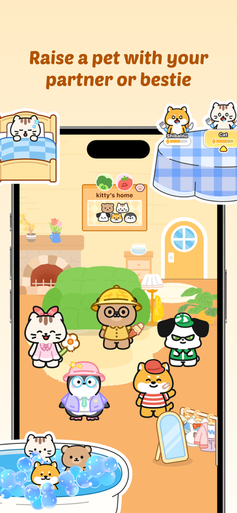 귀여운 가상 반려동물과 함께 반려동물을 키우세요라는 텍스트를 보여주는 모바일 앱 화면, 파트너 또는 최고의 친구와 함께