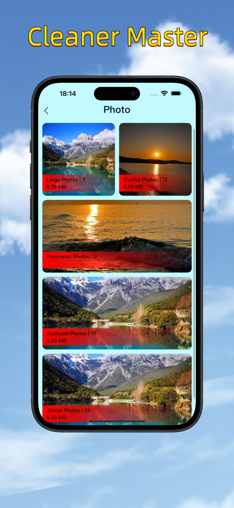 Pantalla de smartphone que muestra las categorías de limpieza de fotos de Cleaner Master, como imágenes borrosas y duplicadas