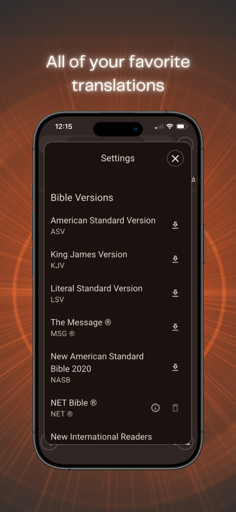BibleOne - Interface of the BibleOne app showing a list of available Bible versions for download in the settings menu.