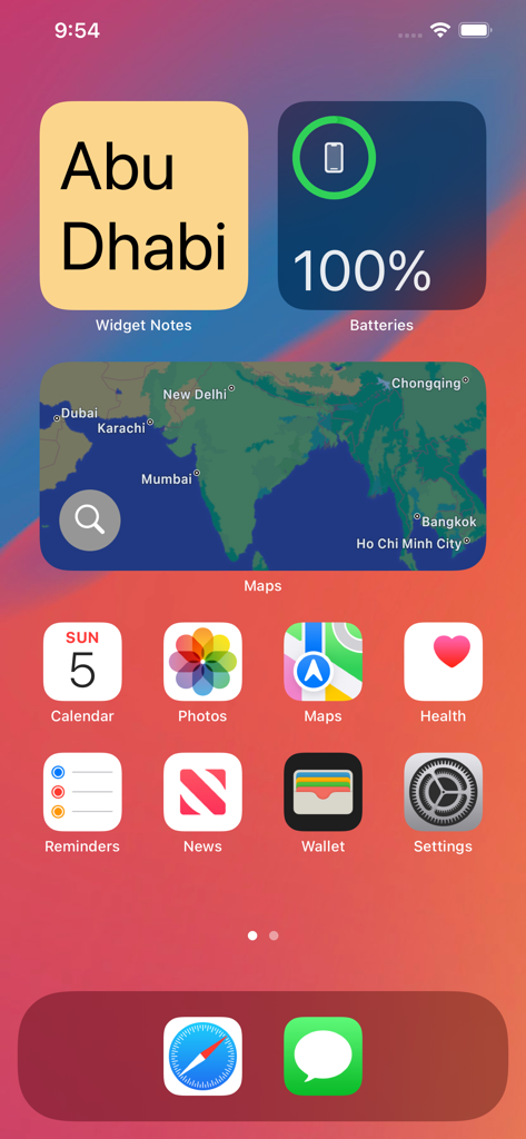 Widget Notes - Home Screen - iPhone home screen featuring a yellow sticky note widget with Abu Dhabi text alongside other utility widgets