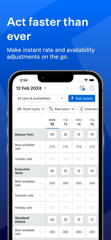 Interfaz móvil de la aplicación SiteMinder que muestra la gestión de tarifas y disponibilidad de habitaciones para diferentes tipos de habitaciones de hotel.