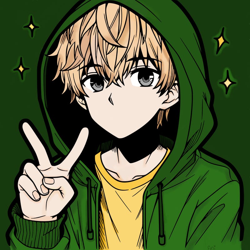 teenage manga boy in a hoodie, doing ✌