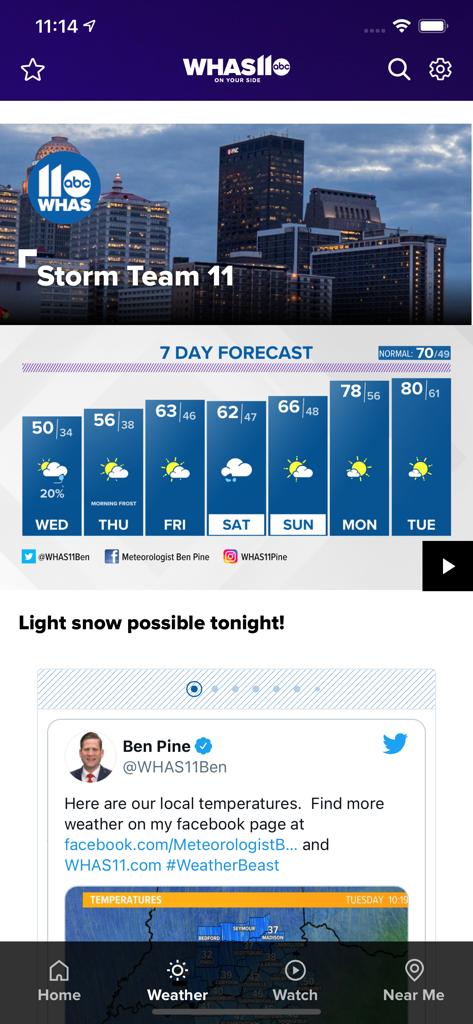 WHAS11 News Louisville - WHAS11 News app weather screen displaying a seven day forecast and local meteorological updates