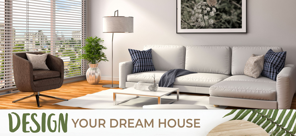 My Home Makeover Design: Words - Ein modernes weißes Wohnzimmer mit einem Ecksofa und einem braunen Sessel mit dem Text Design Your Dream House