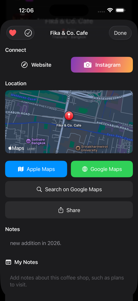 World's 100 Best Coffee Shops - Detail screen of a coffee shop featuring an interactive map social media links and personal notes section