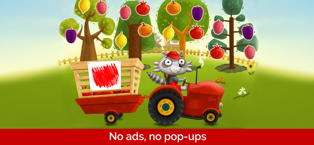 Learning Games for Toddlers AZ - Educational fruit sorting game for toddlers featuring a raccoon on a tractor
