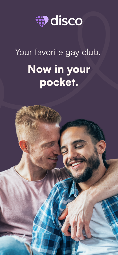 Dois homens felizes se abraçando na tela do aplicativo de namoro gay Disco com o texto seu clube gay favorito agora no seu bolso