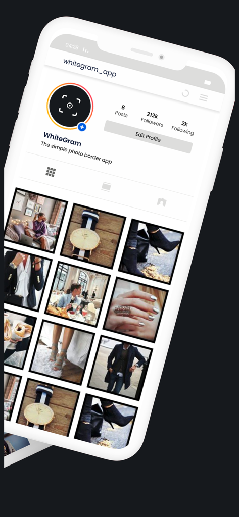 WhiteGram: White Border Editor - WhiteGram app interface showing a curated social media profile with minimalist white borders on lifestyle images.