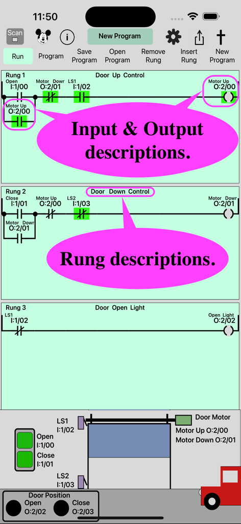 PLC Simulator 2アプリのインターフェイスには、ラベル付きの入力、出力、ラングの説明が付いたラダーロジックラングが表示されています