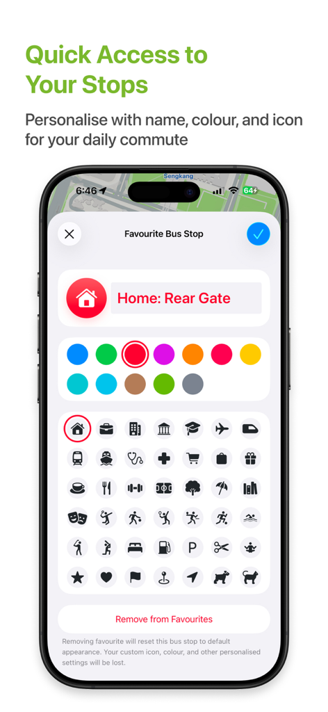 Bustro: Singapore Bus - Personalize Singapore bus stops in the Bustro app with custom names colors and icons