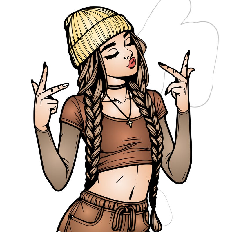 realistic teenage girl with braids and a beanie and crop top doing 🫶🏼