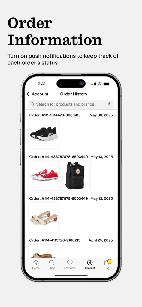 Zappos: Shop shoes & clothes - A mobile screen showing the Zappos app order history page with past purchases and order tracking information