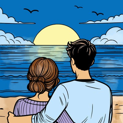 a couple watching the sunset at the beach