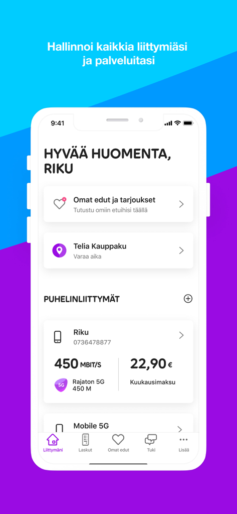 Minun Telia app home screen showing phone subscription details and account management options