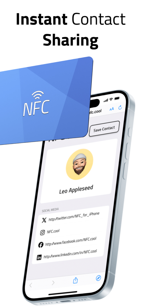 소셜 미디어 링크와 NFC 공유 카드가 표시된 iPhone의 디지털 명함 인터페이스