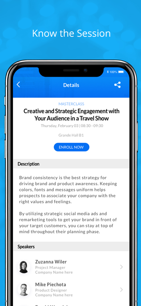 SnapCard - OTM BLTM Event App - Interface of the SnapCard app showing details for a travel show masterclass session and speaker list.