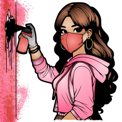 realistic girl with mask spray painting a wall