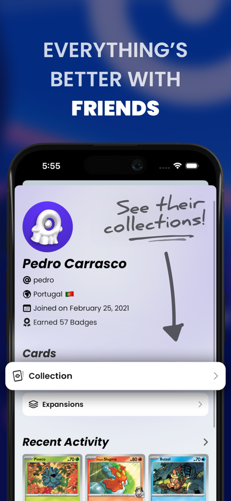 Uma interface de perfil de usuário no aplicativo Dex destacando o sistema de amigos sociais e o compartilhamento de coleções.
