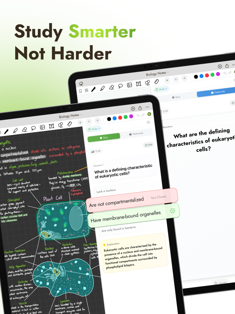 Matcha - Take AI Notes - Matcha app on iPad showing an AI generated biology quiz based on handwritten plant cell notes