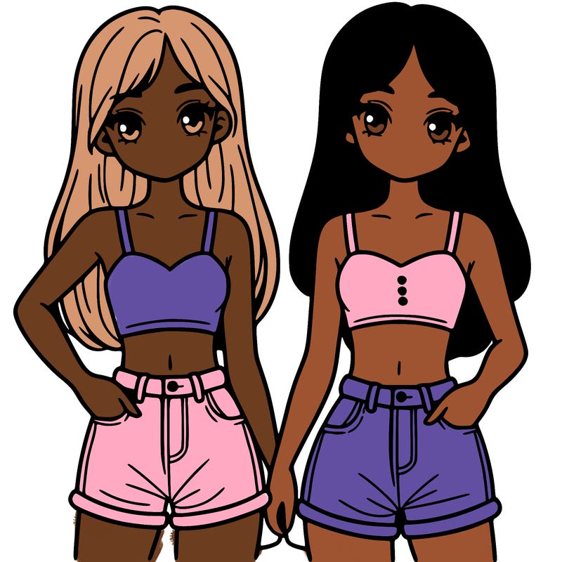 two sisters with crop tops and jean shorts and straight hair