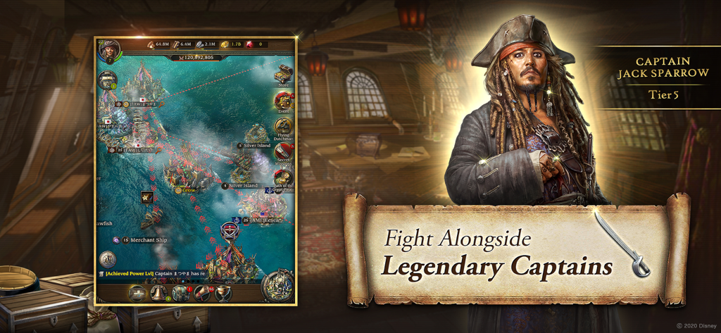 Captain Jack Sparrow standing next to a strategic naval battle map in Pirates of the Caribbean Tides of War.