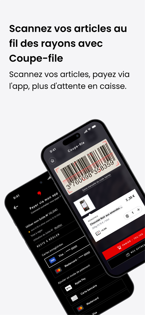 M' Monoprix - Funzione Scan and Go dell'app M' Monoprix che mostra la scansione dei codici a barre e le opzioni di pagamento mobile