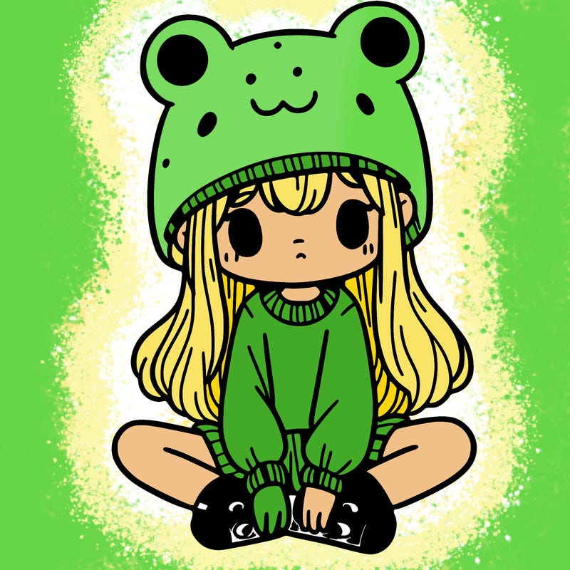 a girl wearing a frog hat and some frog socks