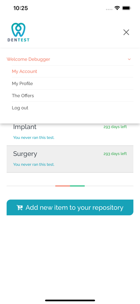 DenTest Dentistry Exam - User profile menu and study categories in the DenTest Dentistry Exam app