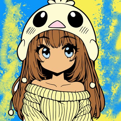anime girl with chick shaped hat with sweater with bare shoulders with bangs covering them one eye with low tail