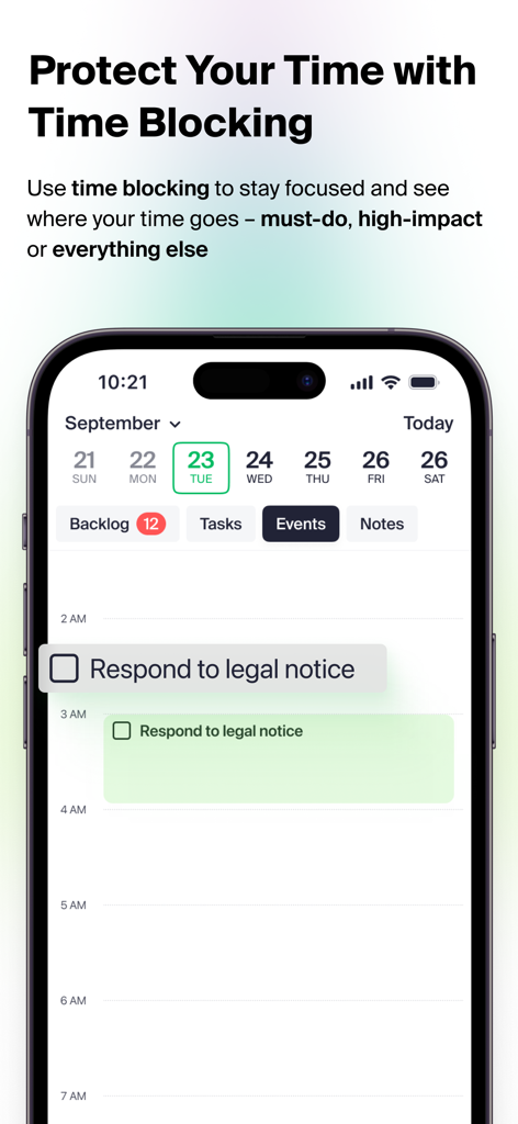 Daily Planner! - Interfaz de la aplicación Daily Planner que muestra una tarea programándose en un calendario mediante bloqueo de tiempo.