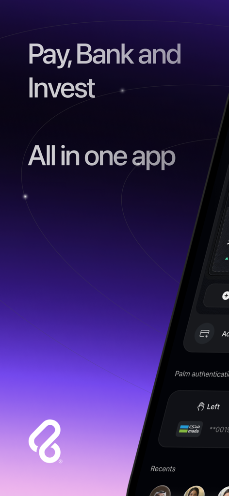 Link Wallet App - Link Wallet App mostrando os recursos Pagar, Usar Banco e Investir com segurança biométrica de palma