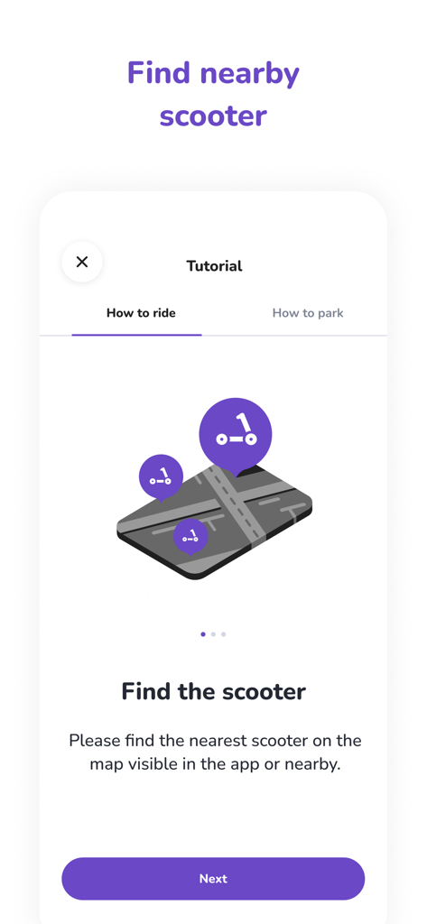 Reby mobility - Schermata tutorial dell'app Reby mobility che spiega come trovare un monopattino elettrico nelle vicinanze sulla mappa.