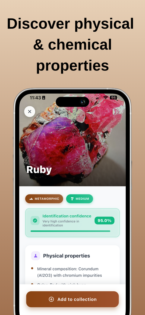 Rock Identifier: Stone ID ! - Mobile app interface showing the identification results and physical properties of a ruby stone