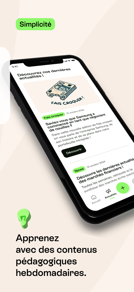 Écran de smartphone de l'application Mon Petit Placement montrant du contenu financier éducatif hebdomadaire et des articles d'actualités du marché