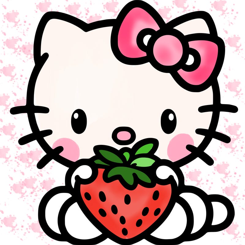 hellokitty eating a strawberry