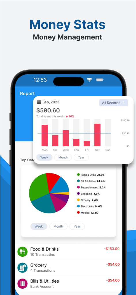 Budget Planner Expense Tracker - A budget planner app report screen showing weekly spending graphs and expense category breakdowns.