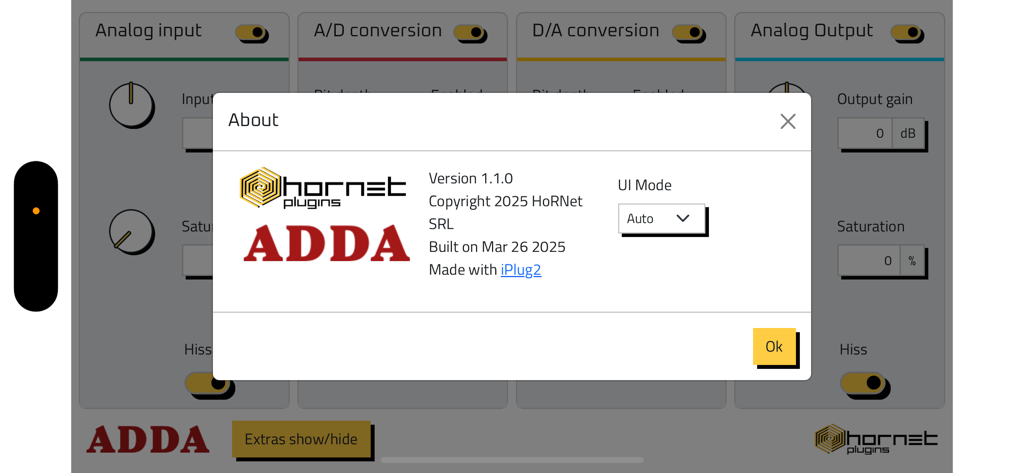 HoRNetADDA - HoRNetADDA about screen showing version information and UI mode settings
