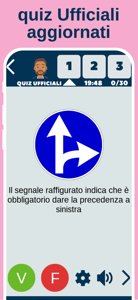 Quiz Patente B - Drivoo - Italian driving license app interface showing a traffic sign quiz question with true and false options