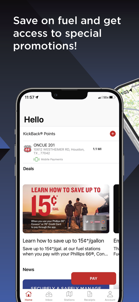 Fuel Forward - O painel do aplicativo Fuel Forward exibindo promoções de postos de gasolina e programa de recompensas.