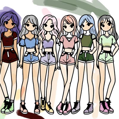 a group of girls wearing crop tops and shorts