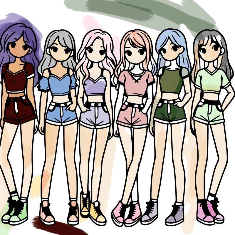 a group of girls wearing crop tops and shorts