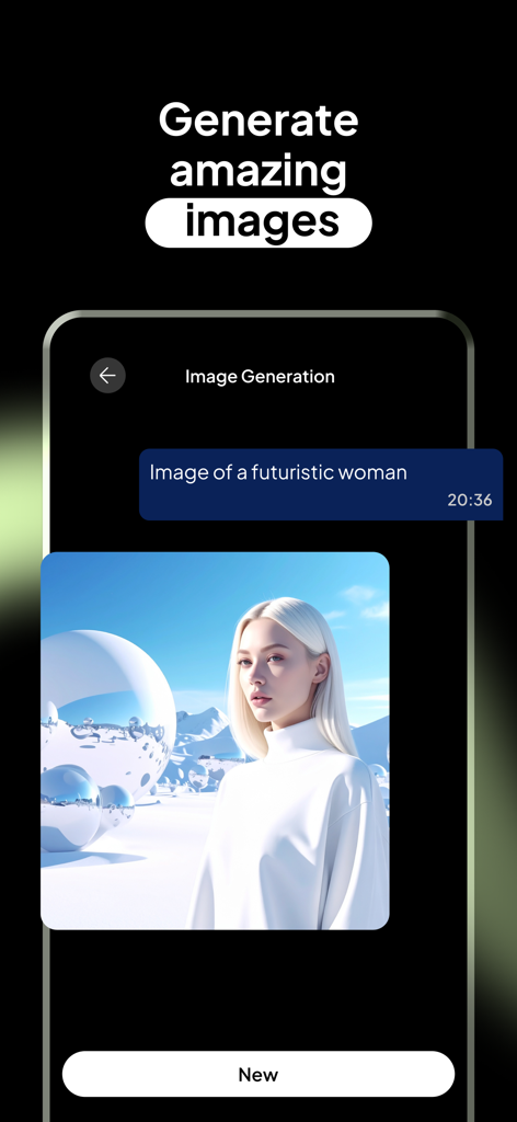 Luzia: Your AI Assistant - Luzia app interface showing an AI generated image of a futuristic woman from a text prompt.